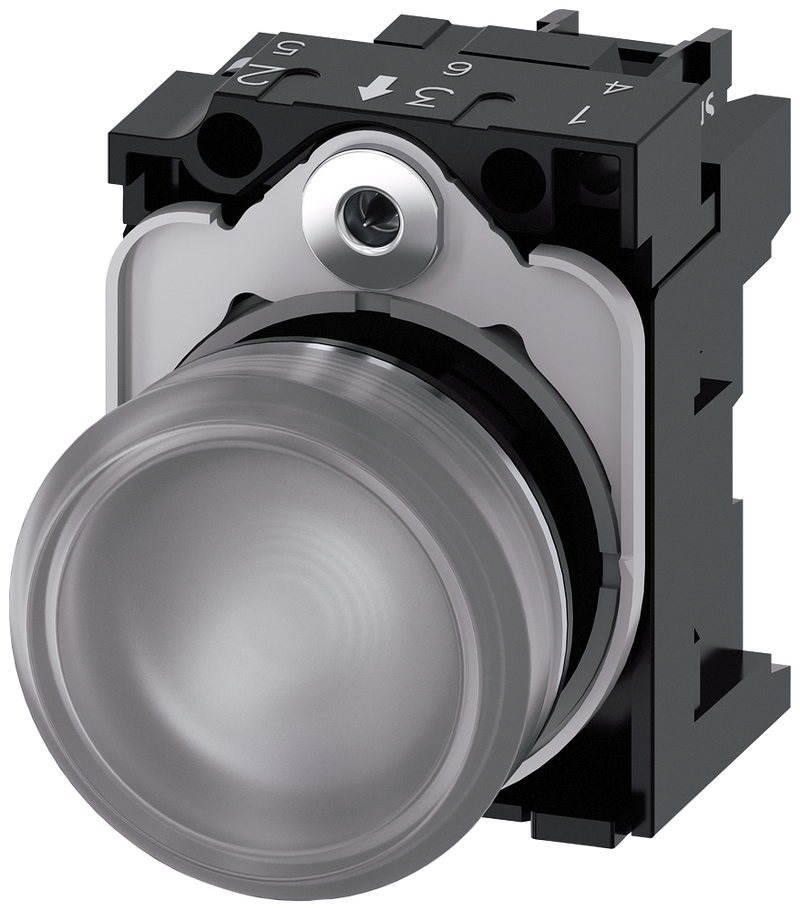 SIEMENS 3SU1153-6AA70-1AA0 Indicator light, 22 mm, round, metal, high gloss, clear, lens, smooth, 110 V AC