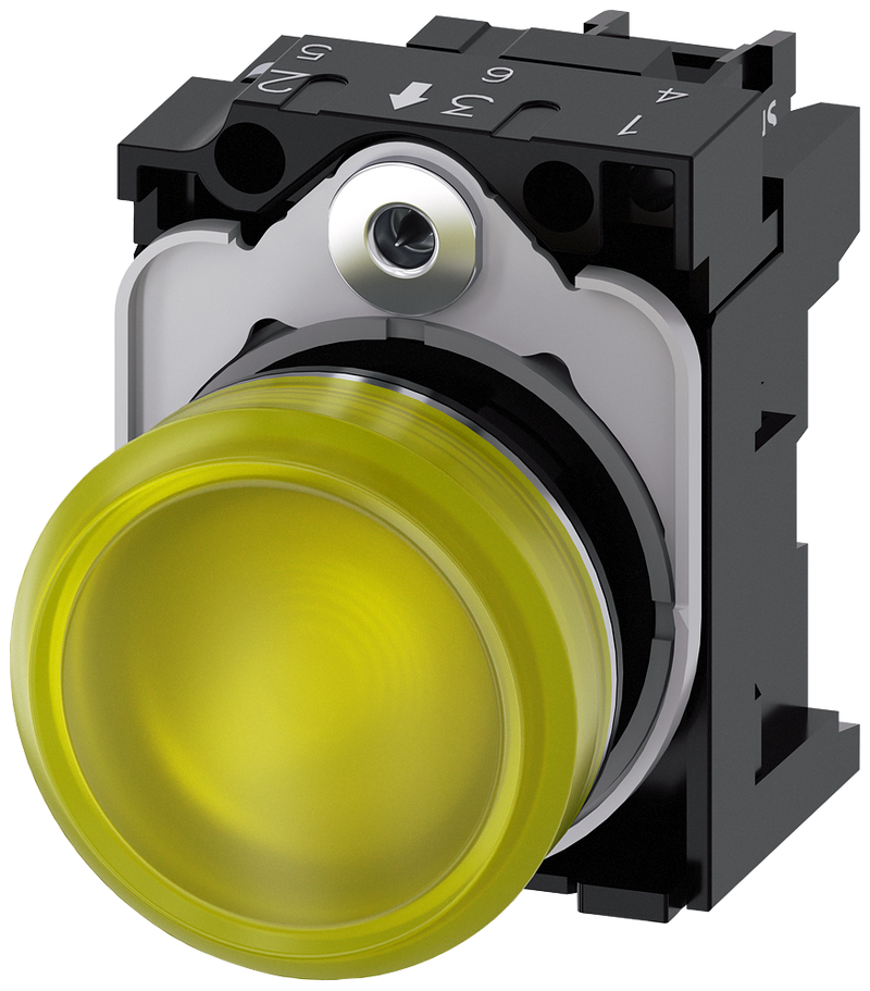 SIEMENS 3SU1156-6AA30-1AA0 Indicator light, 22 mm, round, metal, high gloss, yellow, lens, smooth, 230 V AC