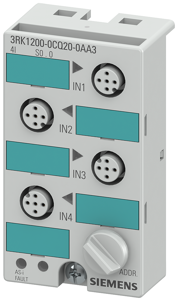 SIEMENS 3RK1200-0CQ20-0AA3 AS-i compact module K45, IP67, digital, 4x1 input, max. 200 mA, PNP, 4xM12 socket