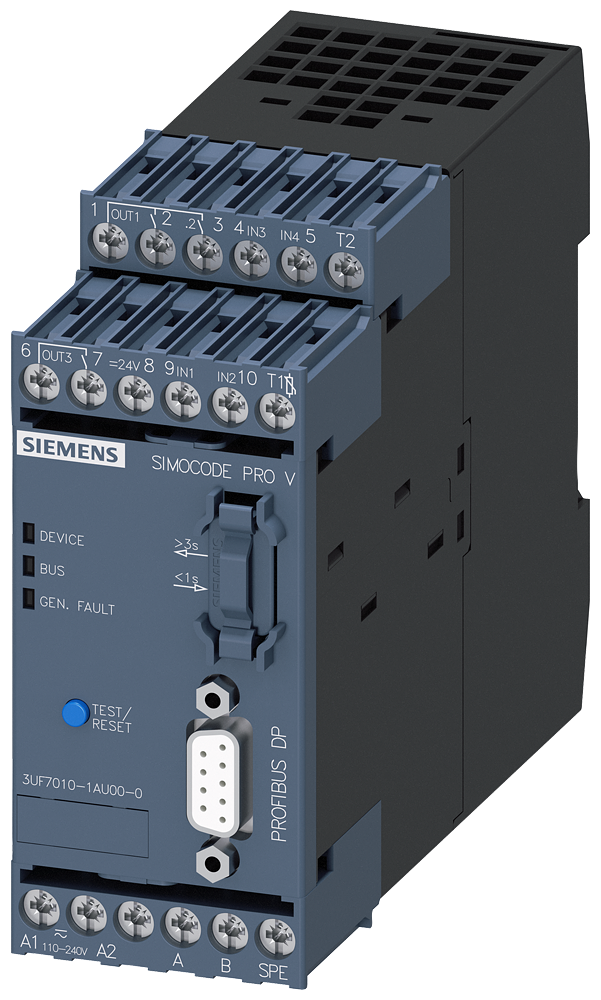 SIEMENS 3UF7010-1AU00-0 Basic unit 2 SIMOCODE pro V, PROFIBUS DP interface 12 Mbit/s, RS 485, 4 I/3 Q