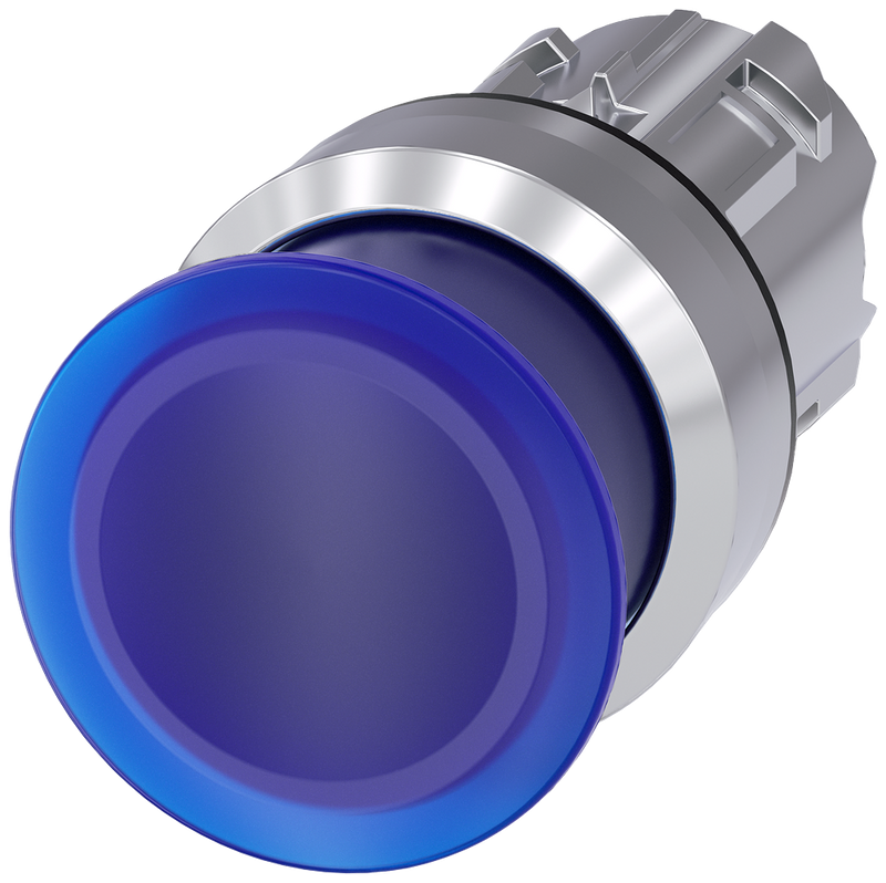 Siemens 3SU1051-1AD50-0AA0 Illuminated mushroom pushbutton, 22 mm, round, metal, shiny, blue, 30 mm, momentary contact type