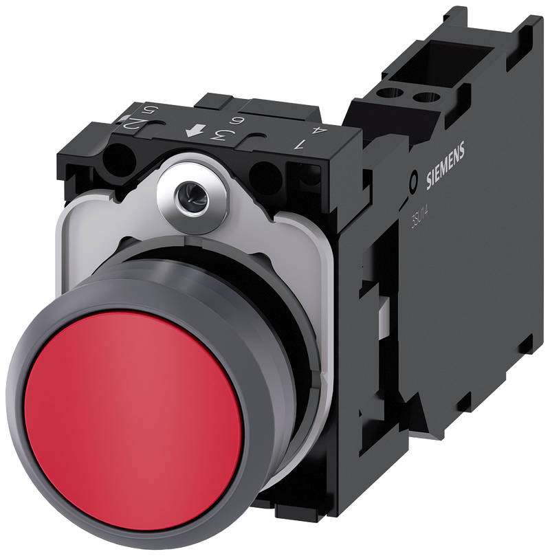 SIEMENS 3SU1130-0AB20-3FA0 Pushbutton, 22 mm, round, plastic with metal front ring, red, button, 1 NO + 1 NC