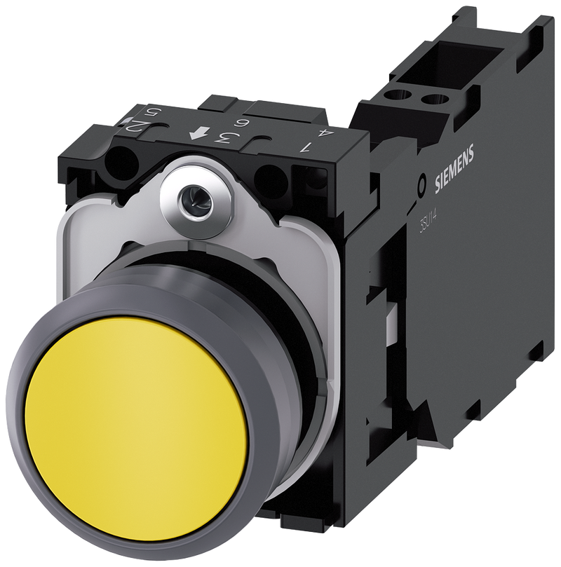 SIEMENS 3SU1130-0AB30-3FA0 Pushbutton, 22 mm, round, plastic with metal front ring, yellow, button, 1 NO + 1 NC