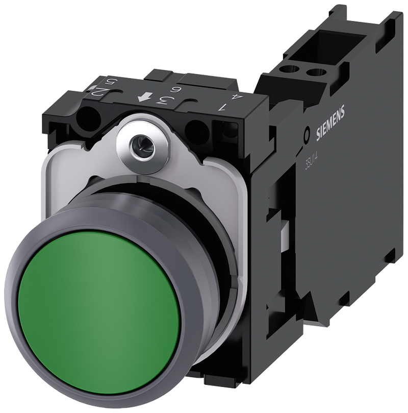 SIEMENS 3SU1130-0AB40-3FA0 Pushbutton, 22 mm, round, plastic with metal front ring, green, button, 1 NO + 1 NC