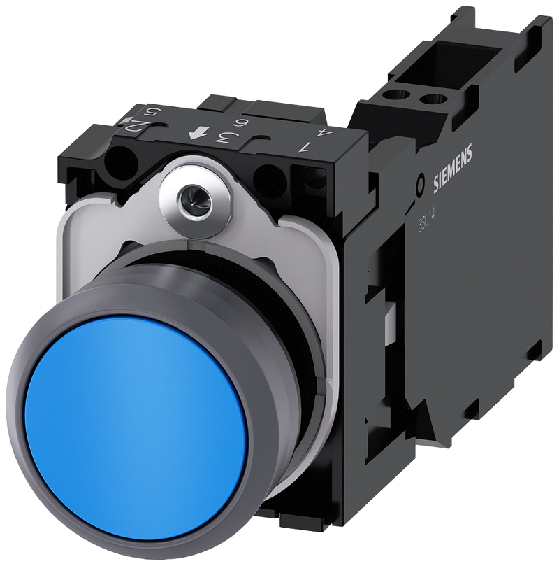 SIEMENS 3SU1130-0AB50-3FA0 Pushbutton, 22 mm, round, plastic with metal front ring, blue, button, 1 NO + 1 NC