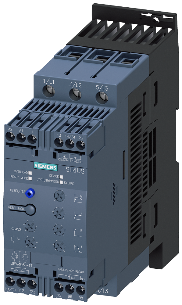 Siemens 3RW4038-1TB04 SIRIUS soft starter S2 72 A, 37 kW/400 V, 40 ?C 200-480 V AC, 24 V AC/DC Screw terminals Thermistor motor protection