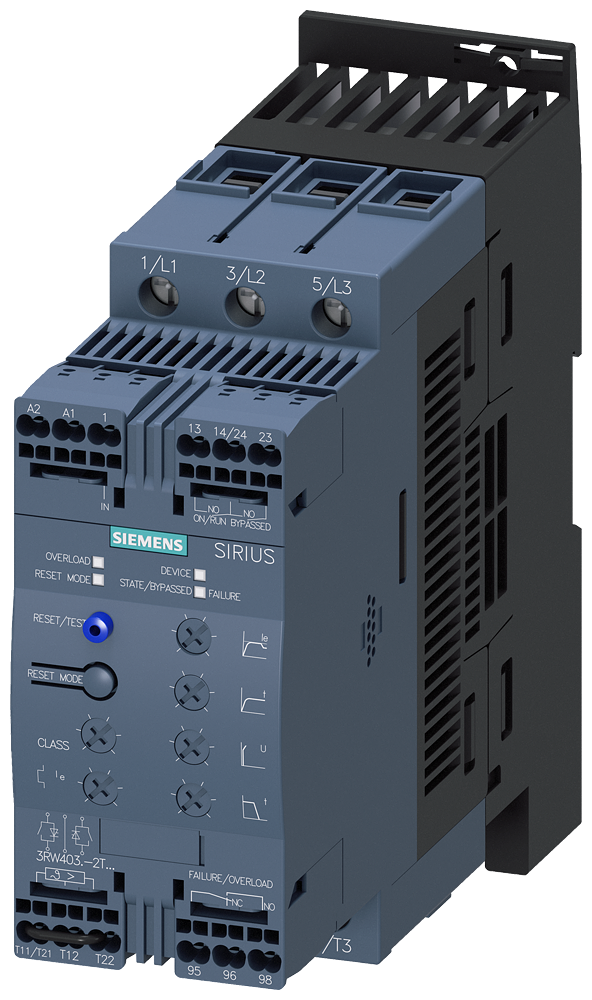 Siemens 3RW4038-2TB04 SIRIUS soft starter S2 72 A, 37 kW/400 V, 40 ?C 200-480 V AC, 24 V AC/DC spring-type terminals Thermistor motor protection