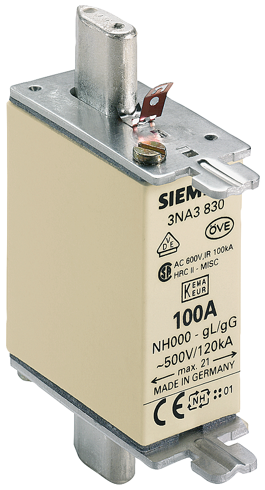 SIEMENS 3NA3830 LV HRC fuse link, NH000, In: 100 A, gG, Un AC: 500 V, Un DC: 250 V