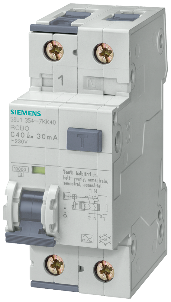 SIEMENS 5SU1354-6KK16 RCBO, 10 kA, 1P+N, type A, 30 mA, B-char, In: 16 A, Un AC: 230 V