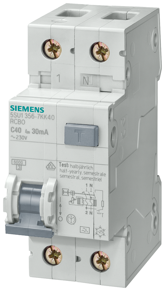 SIEMENS 5SU1356-1KK06 RCBO, 6 kA, 1P+N, Type AC, 30 mA, C-Char, In: 6 A, Un AC: 230 V