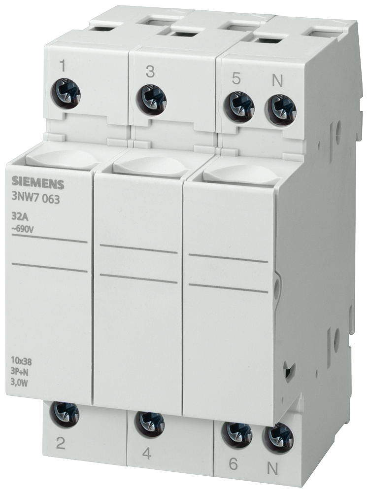 SIEMENS 3NW7063 SENTRON, cylindrical fuse holder, 10 x 38 mm, 3P+N, In: 32 A, Un AC: 690 V