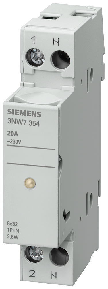 SIEMENS 3NW7354 SENTRON, cylindrical fuse holder, 8x32 mm, 1-pole+N, In: 20 A, Un AC: 400 V, LED
