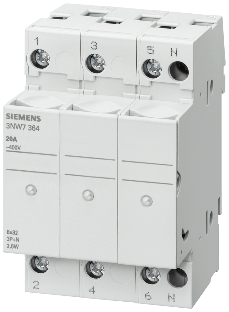 SIEMENS 3NW7064 SENTRON, cylindrical fuse holder, 10x38 mm, 3-pole+N, In: 32 A, Un AC: 690 V, LED