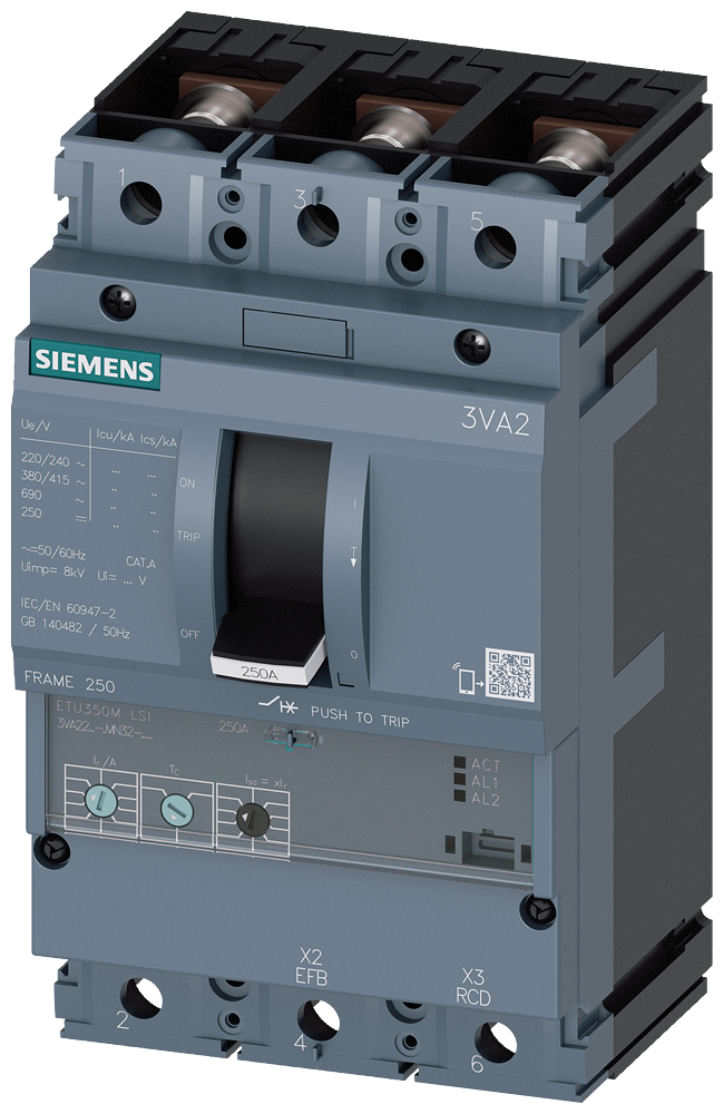 SIEMENS 3VA2220-5MN32-0AA0 circuit breaker 3VA2 IEC frame 250 breaking capacity class M Icu=55kA @ 415V 3-pole, motor protection ETU350M, LSI, In=200A overload protection Ir=...
