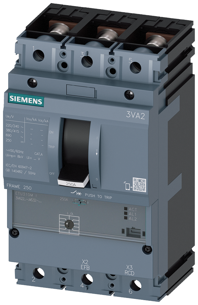 SIEMENS 3VA2216-7MS32-0AA0 circuit breaker 3VA2 IEC frame 250 breaking capacity class C Icu=110kA @ 415V 3-pole, starter protection ETU310M, I, In=160A without overload prote...