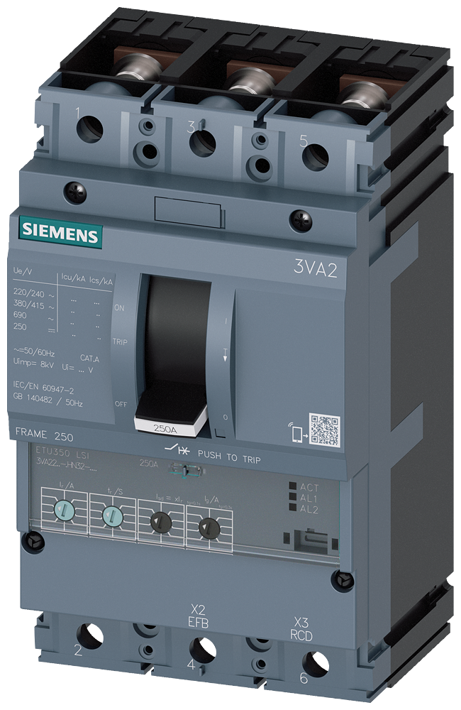 SIEMENS 3VA2225-6HN32-0AA0 circuit breaker 3VA2 IEC frame 250 breaking capacity class H Icu=85kA @ 415V 3-pole, line protection ETU350, LSI, In=250A overload protection Ir=10...