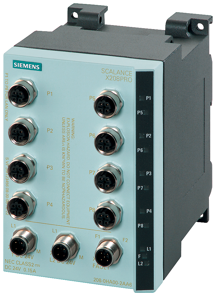 SIEMENS 6GK5208-0HA10-2AA6 SCALANCE X208PRO, managed Layer 2 switch, 8x M12, IP65/67