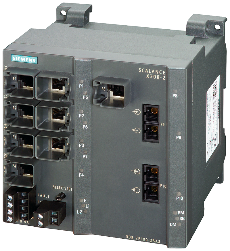 SIEMENS 6GK5308-2FL10-2AA3 SCALANCE X308-2, managed Layer 2 switch, 8x RJ45, 2x multimode SC