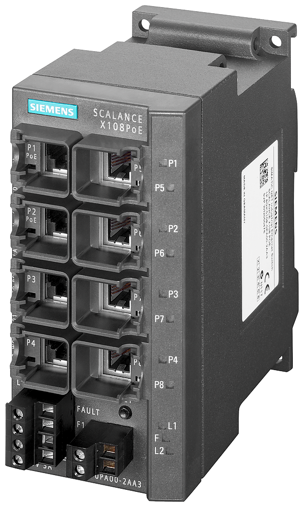 SIEMENS 6GK5108-0PA00-2AA3 SCALANCE X108PoE, unmanaged switch, 2x RJ45 PoE, 6x RJ45