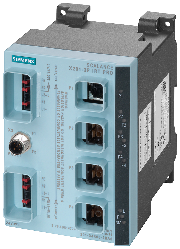 SIEMENS 6GK5201-3JR00-2BA6 SCALANCE X201-3P IRT PRO, managed Layer 2 switch, 1x RJ45, 3x SCRJ, push-pull