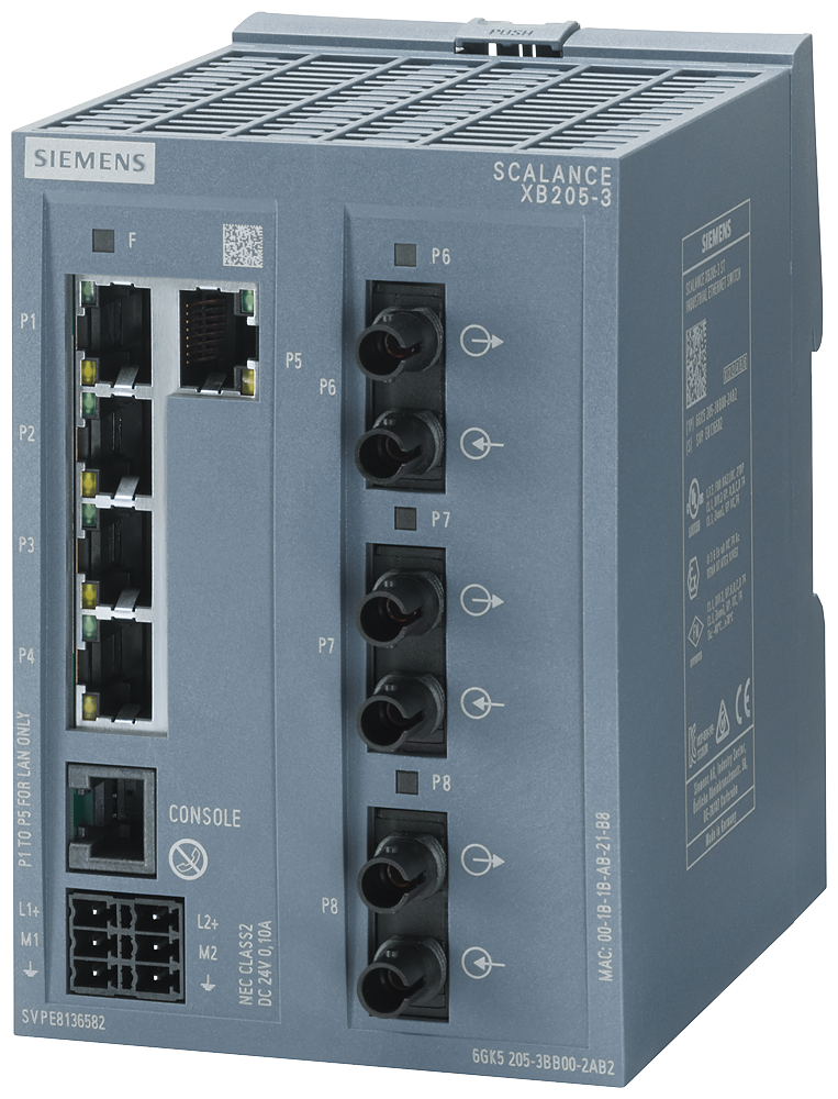 SIEMENS 6GK5205-3BB00-2AB2 SCALANCE XB205-3, managed Layer2 switch, 5xRJ45, 3xmultimode ST/BFOC, DEF: PN IO