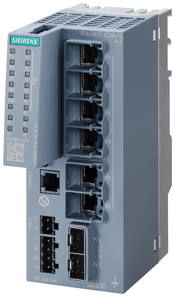 SIEMENS 6GK5206-2RS00-5AC2 SCALANCE XC206-2G PoE, managed Layer 2 switch, 6x RJ45 PoE, 2x SFP+