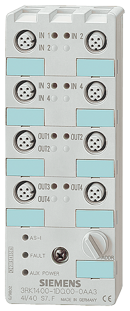 SIEMENS 3RK2400-1FQ03-0AA3 AS-i compact module K60, A/B slave, digital, 4 I/3 O, IP67, 4x1 input, max. 200 mA