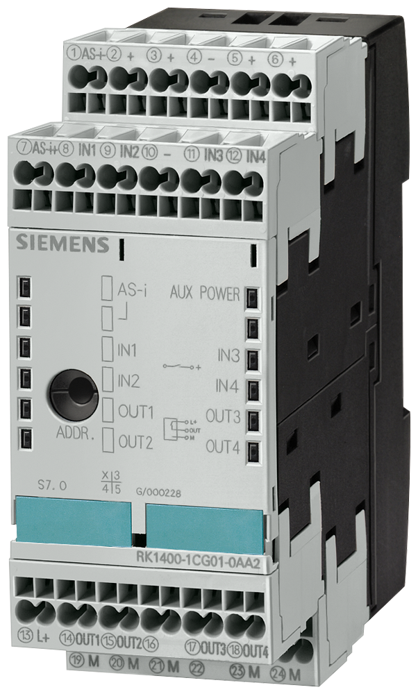 SIEMENS 3RK1402-3CG01-0AA2 AS-i SlimLine module S45, digital, 4 I/4 Q, floating, IP20, 4x1 inp.
