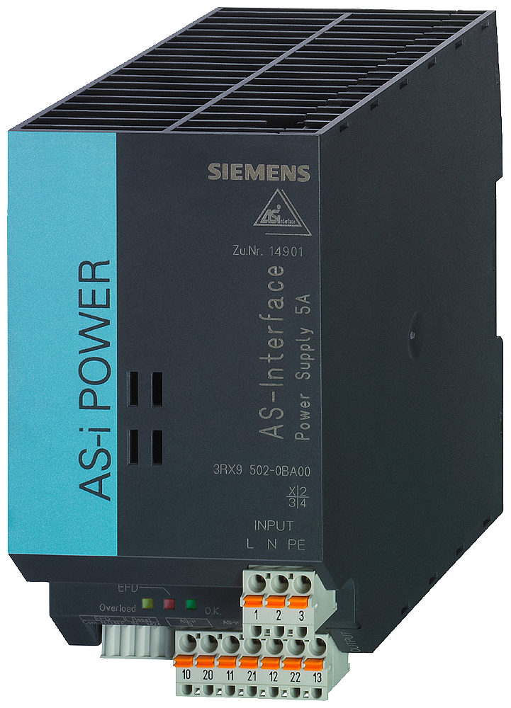 Siemens 3RX9502-0BA00 AS-i Power 5A 120 V/230 V AC AS-Interface power supply unit, IP20 IN: 120 V / 230 V AC OUT: AS-i, 5 A (30 V DC), IP20 with integrated ground fault detection, with integrated overload detection with AS-i data decoupling