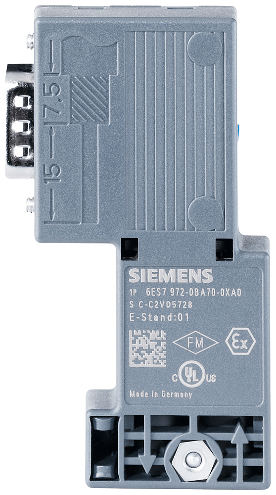 SIEMENS 6ES7972-0BA70-0XA0 SIMATIC DP, Connection plug for PROFIBUS up to 12 Mbit/s 90° cable outlet, 15.8x 72.2x 36.4 mm (WxHxD), Insulation displacement method FastConnect,...