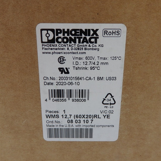 Phoenix Contact 3:1 60mm Yellow Shrink Tubing 0803107 WMS 12 7 (60X20)RL YE