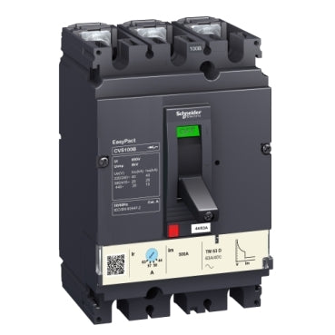 Schneider Electric circuit breaker EasyPact CVS100B, 25 kA at 415 VAC, 100 A rating thermal magnetic TM-D trip unit, 3P 3d